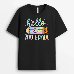 Back To School Hello 2nd Grade Leopard Tie Dye Pencil T-Shirt - Black