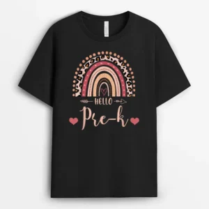 Back To School Hello PreK Teacher Leopard Rainbow T-Shirt - Black